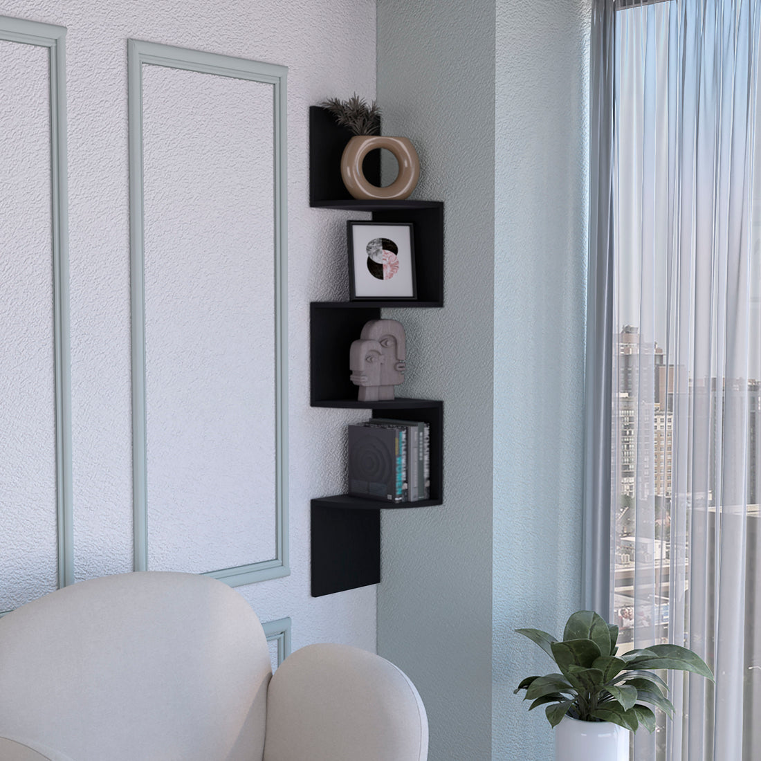 Rosset Corner Shelf, Modern Full Wall Design With Multiple Shelving Black Primary Living Space Modern Mdf Engineered Wood