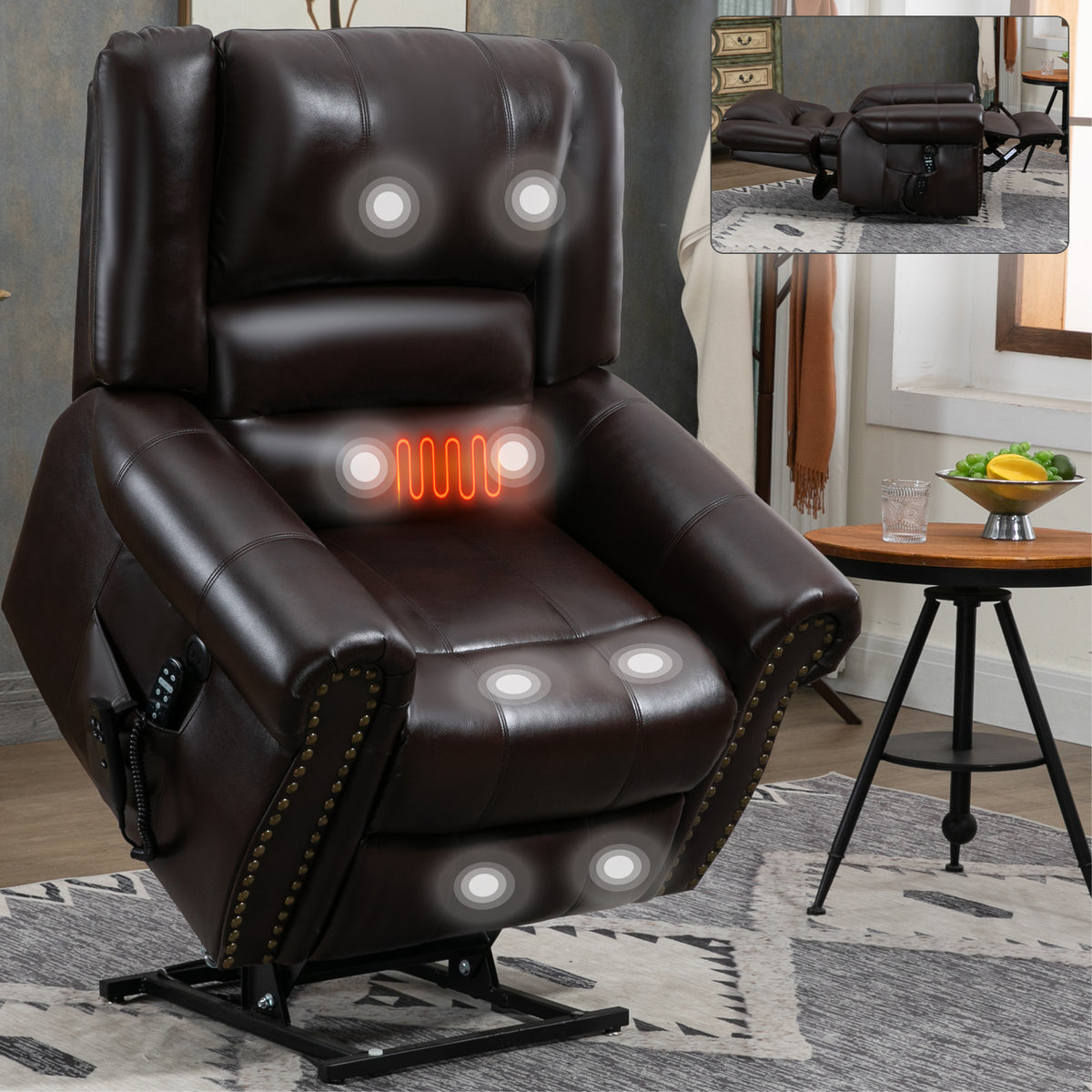 Power Lift Recliner Chair Heat Massage Dual Motor Infinite Position Up To 350 Lbs, Faux Leather, Heavy Duty Motion Mechanism With Usb Ports, Brown White Metal Primary Living Space Heavy Duty Pine Antique Brown Faux Leather Power Remote Medium Firm Pillow