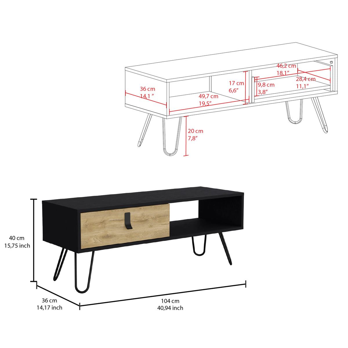 Huna Coffee Table With Hairpin Legs And Large Storage Drawer Multicolor Desk Top Primary Living Space Modern Manual Rectangular Shelves Coffee & End Tables Rectangular Mdf Engineered Wood