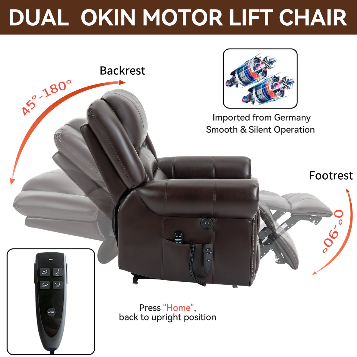 Power Lift Recliner Chair Heat Massage Dual Motor Infinite Position Up To 350 Lbs, Faux Leather, Heavy Duty Motion Mechanism With Usb Ports, Brown White Metal Primary Living Space Heavy Duty Pine Antique Brown Faux Leather Power Remote Medium Firm Pillow