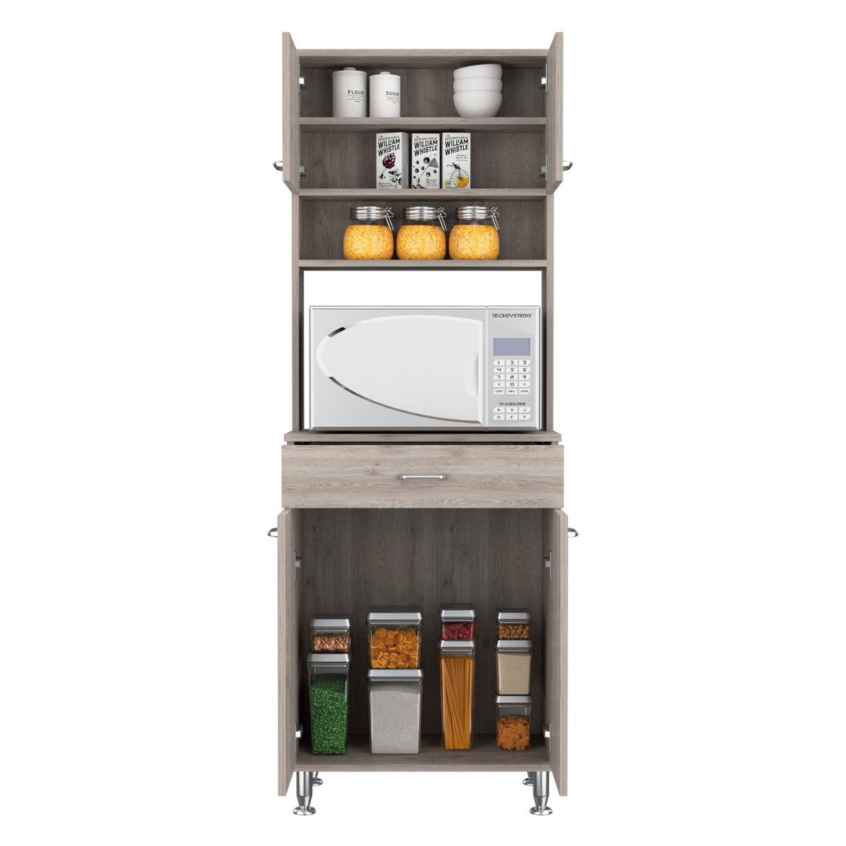 Bay Area Pantry, Two Door Cabinets, One Drawer, Four Adjustable Metal Legs Light Gray Kitchen Modern Particle Board Engineered Wood