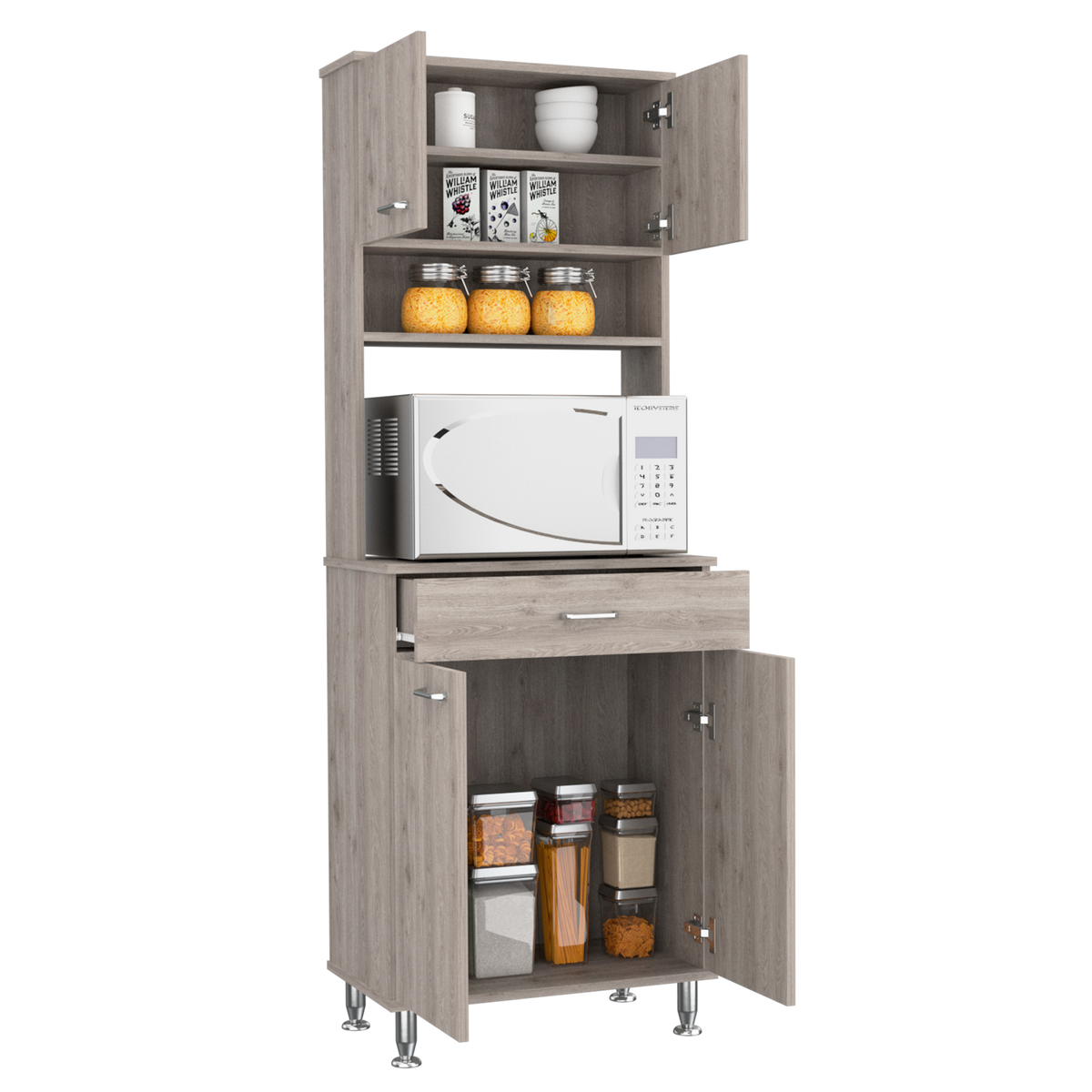 Bay Area Pantry, Two Door Cabinets, One Drawer, Four Adjustable Metal Legs Light Gray Kitchen Modern Particle Board Engineered Wood