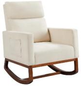 Mid Century Modern Accent Chair With Wood Frame, Upholstered Living Room Chairs With Waist Cushion, Reading Armchair For Bedroom Sunroom Grey White Linen