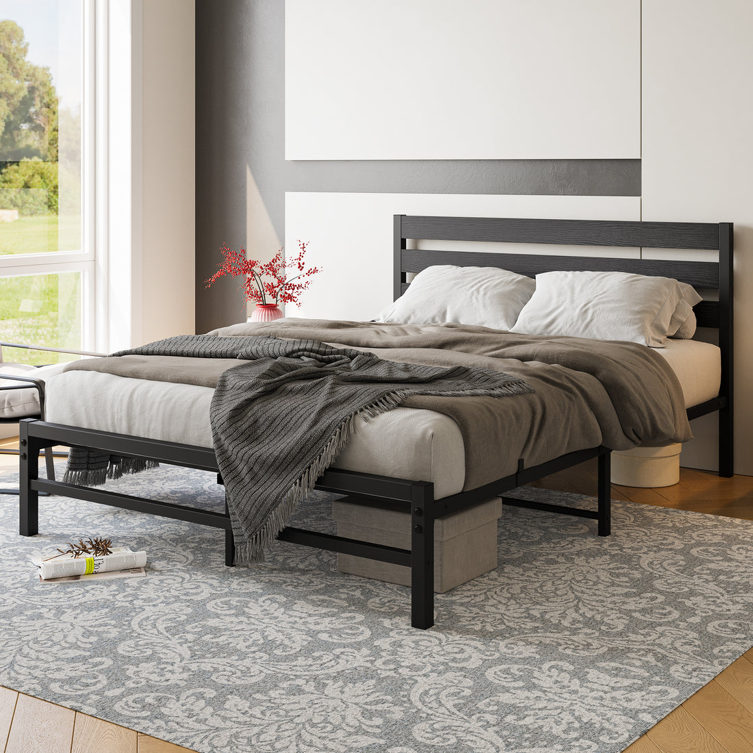 Queen Size Platform Bed Frame With Wooden Headboard, Under Bed Storage, Non Slip, Noise Free, Easy Assembly, Black Box Spring Not Required Queen Black Metal Bedroom Bed Frame Metal & Wood