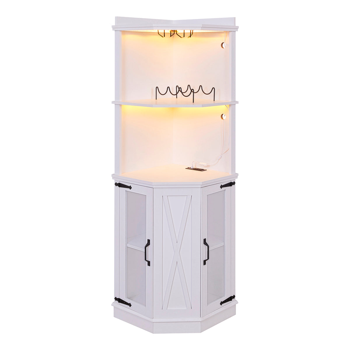 67.7" Corner Bar Cabinet With Power Outlet, Farmhouse Wine Bar Cabinet With Adjustable Shelves For Home,With Lights & Glass Rack For Dining Room, Living Room, Kitchen White Dining Room Classic Mdf