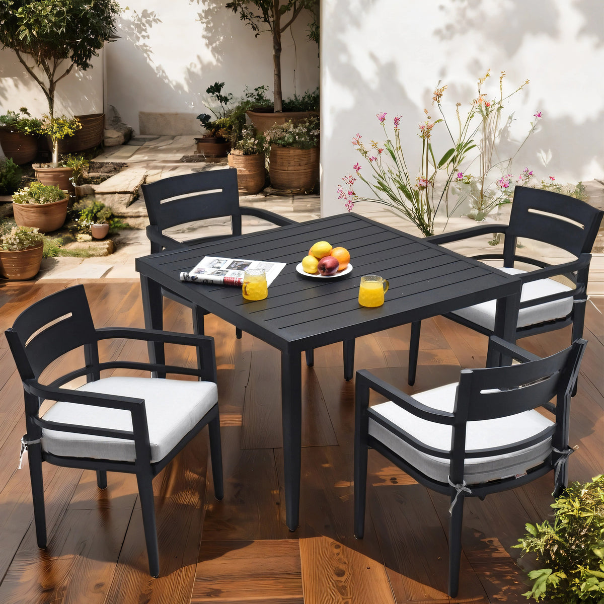 5 Piece Outdoor Patio Aluminum Furniture, Modern Dining Set, Including 4 Dining Chairs Sunbrella Fabric Cushioned And 40" Square Dining Table With Umbrella Hole, Ember Black Yes Dining Set Ember Black Seats 4 Rust Resistant Frame Fade Resistant Cushion