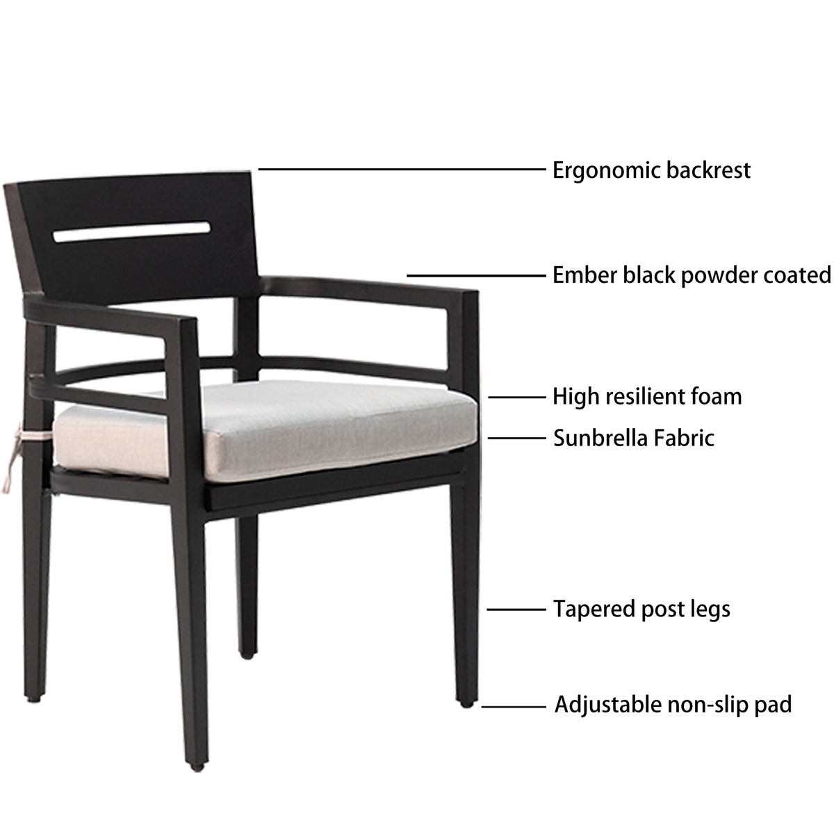5 Piece Outdoor Patio Aluminum Furniture, Modern Dining Set, Including 4 Dining Chairs Sunbrella Fabric Cushioned And 40" Square Dining Table With Umbrella Hole, Ember Black Yes Dining Set Ember Black Seats 4 Rust Resistant Frame Fade Resistant Cushion