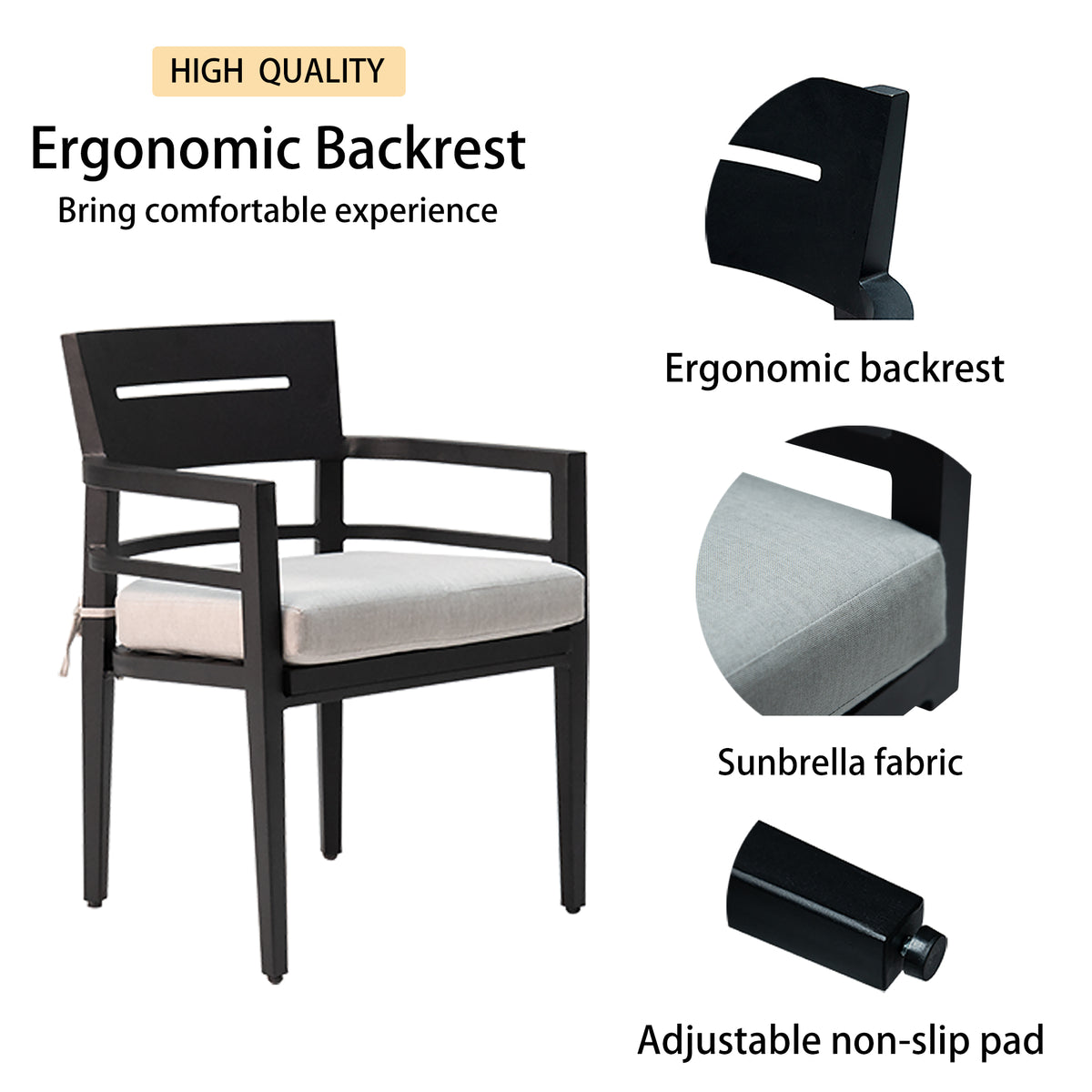 5 Piece Outdoor Patio Aluminum Furniture, Modern Dining Set, Including 4 Dining Chairs Sunbrella Fabric Cushioned And 40" Square Dining Table With Umbrella Hole, Ember Black Yes Dining Set Ember Black Seats 4 Rust Resistant Frame Fade Resistant Cushion