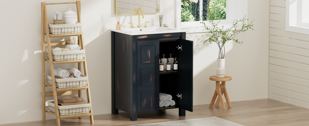 24X18X34 Inches Vintage Style Small Bathroom Vanity Combo With Ceramic Sink, 2 Soft Close Doors Espresso Bathroom Solid Wood Mdf