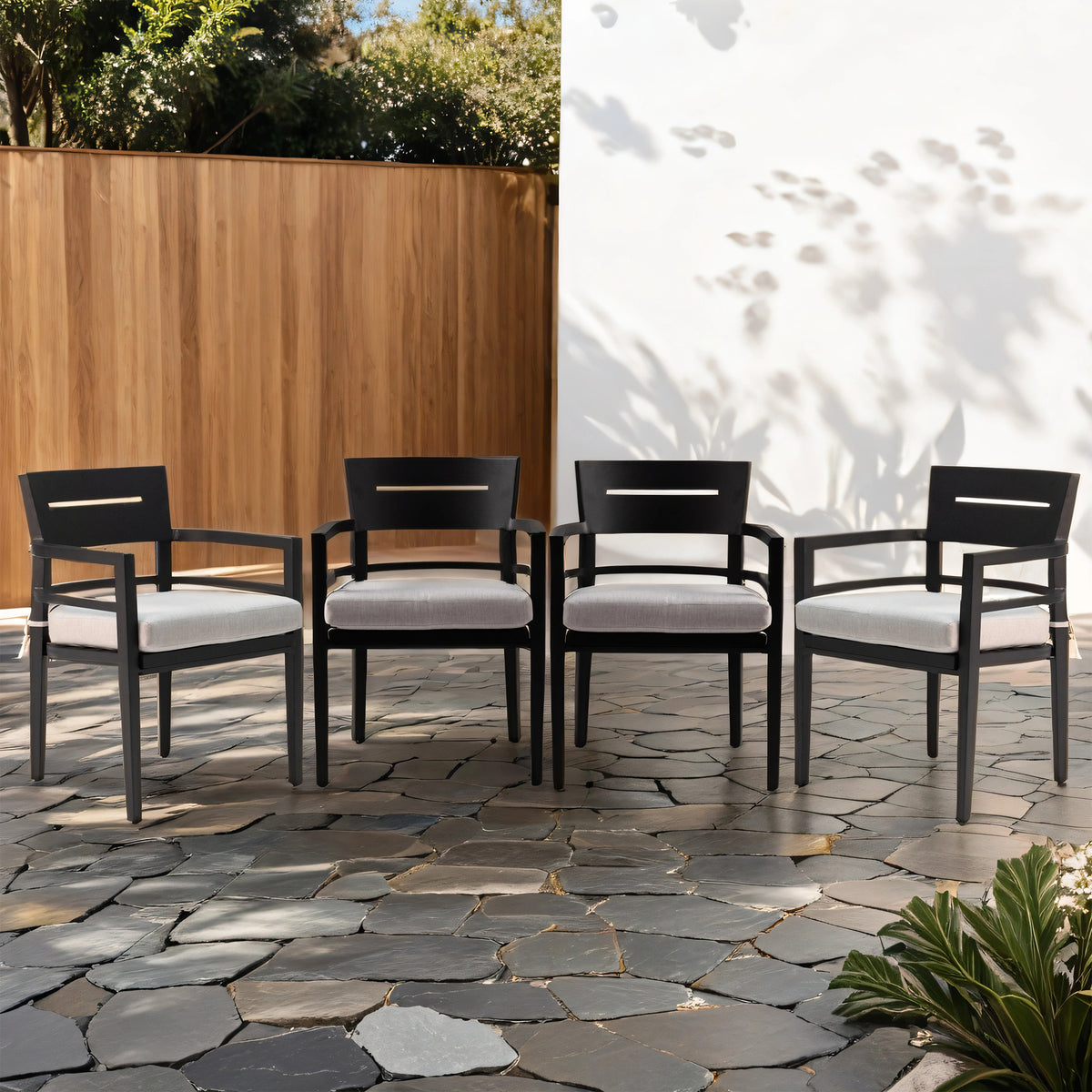 Outdoor Patio K D Aluminum Stationary Dining Chairs 4Pcs With Outdoor Grade Sunbrella Fabric Cushions, Tapered Feet, Ember Black Yes Dining Set Ember Black Weather Resistant Frame Fade Resistant Cushion Garden & Outdoor Contemporary Polyester Aluminum