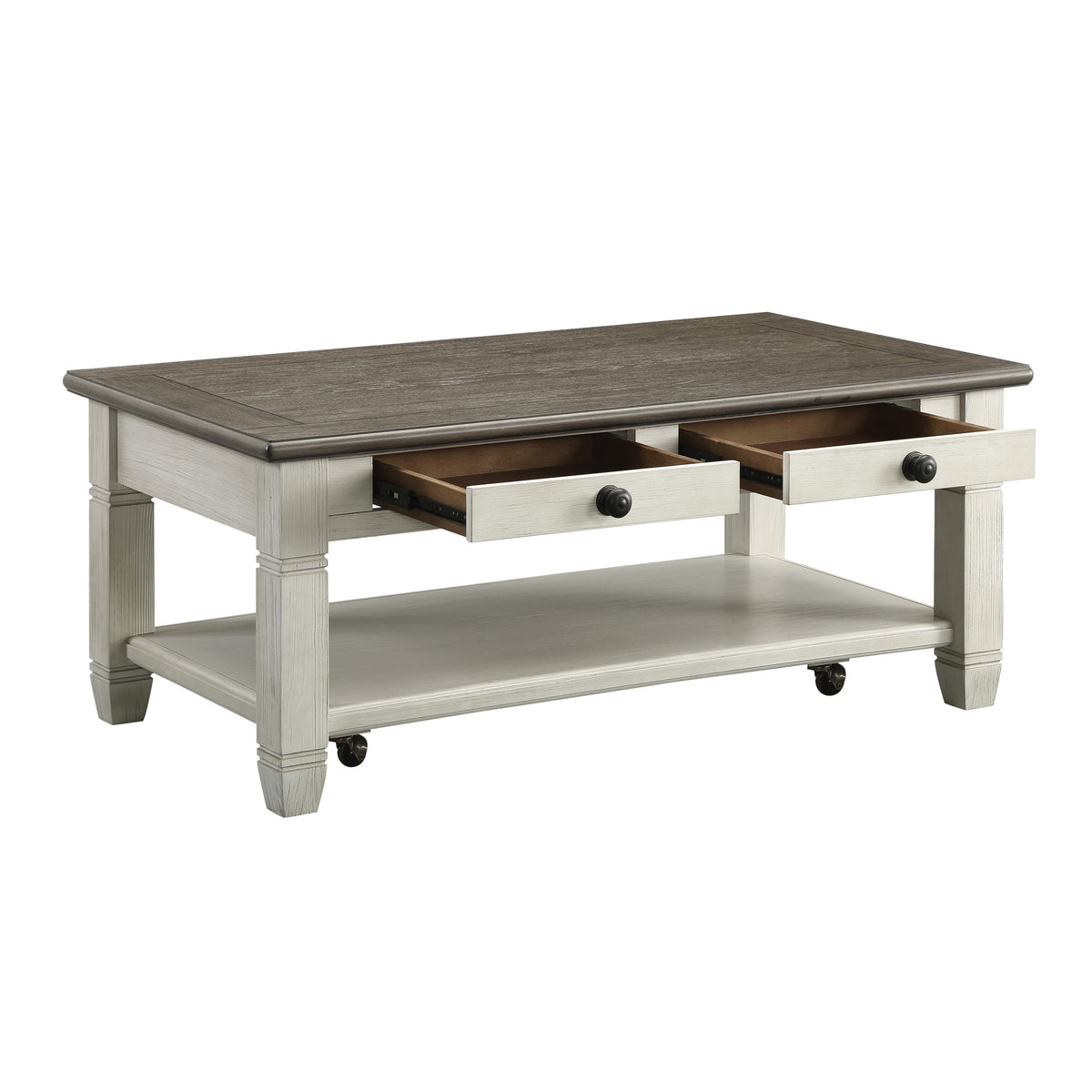 Rosy Brown And Antique White Finish 1Pc Cocktail Table With Casters 2 Drawers Bottom Shelf Wooden Living Room Furniture Antique White Primary Living Space Casual,Contemporary Drawers Rectangular Coffee & End Tables Wood