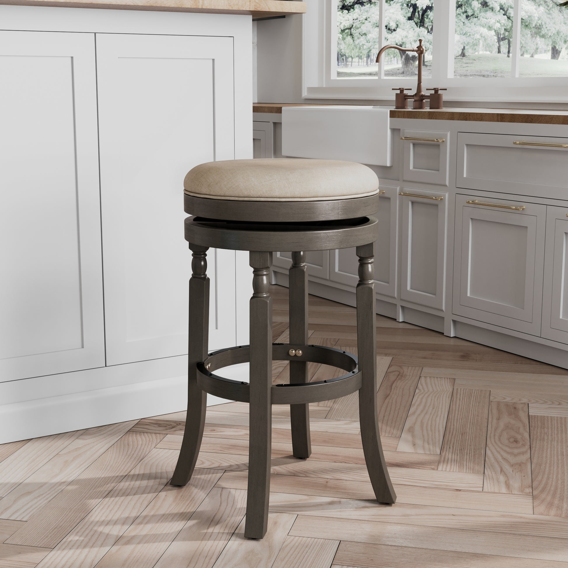 30" Bar Stool, Weathered Gray Finish, Beige Fabric Seat Gray Fabric