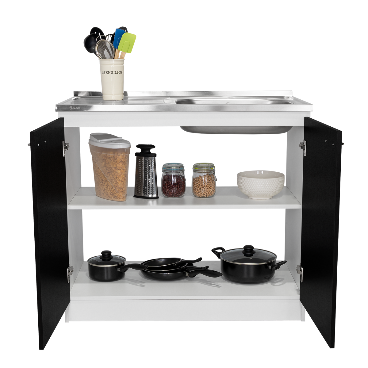 Napoles Utility Sink With Cabinet, Double Door, One Shelf White Black Freestanding 1 2 Spaces Brown Kitchen Shelves Included Modern Particle Board Particle Board