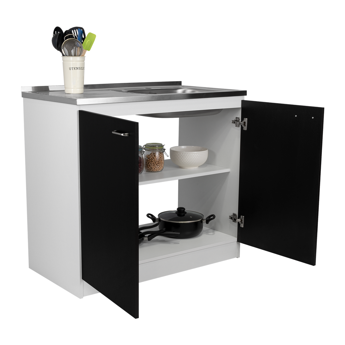 Napoles Utility Sink With Cabinet, Double Door, One Shelf White Black Freestanding 1 2 Spaces Brown Kitchen Shelves Included Modern Particle Board Particle Board