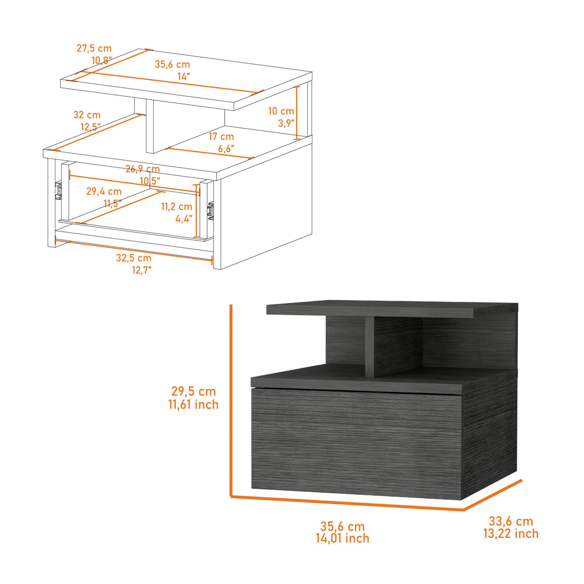 Smokey Oak 2 Tier Shelf Floating Nightstand Gray 1 Drawer Bedroom Floating Shelf Wood