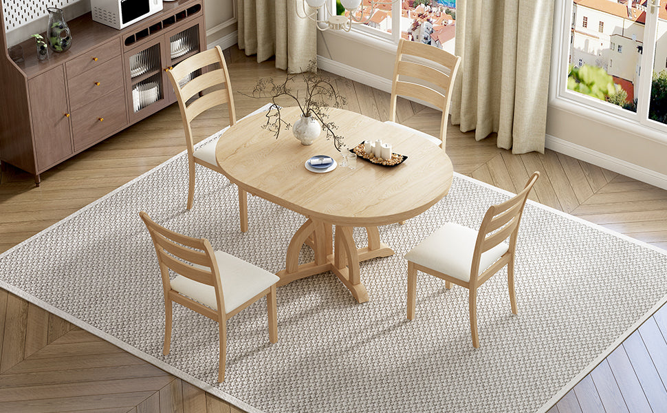 5 Piece Farmhouse Round Pedestal Extending Dining Table Set Extendable Kitchen Table Set With 15.8" Removable Leaf And Ladder Back Dining Chairs For Small Places, Natural Wood Dining Room Extendable Rubberwood Oval Dining Table With Chair Upholstered