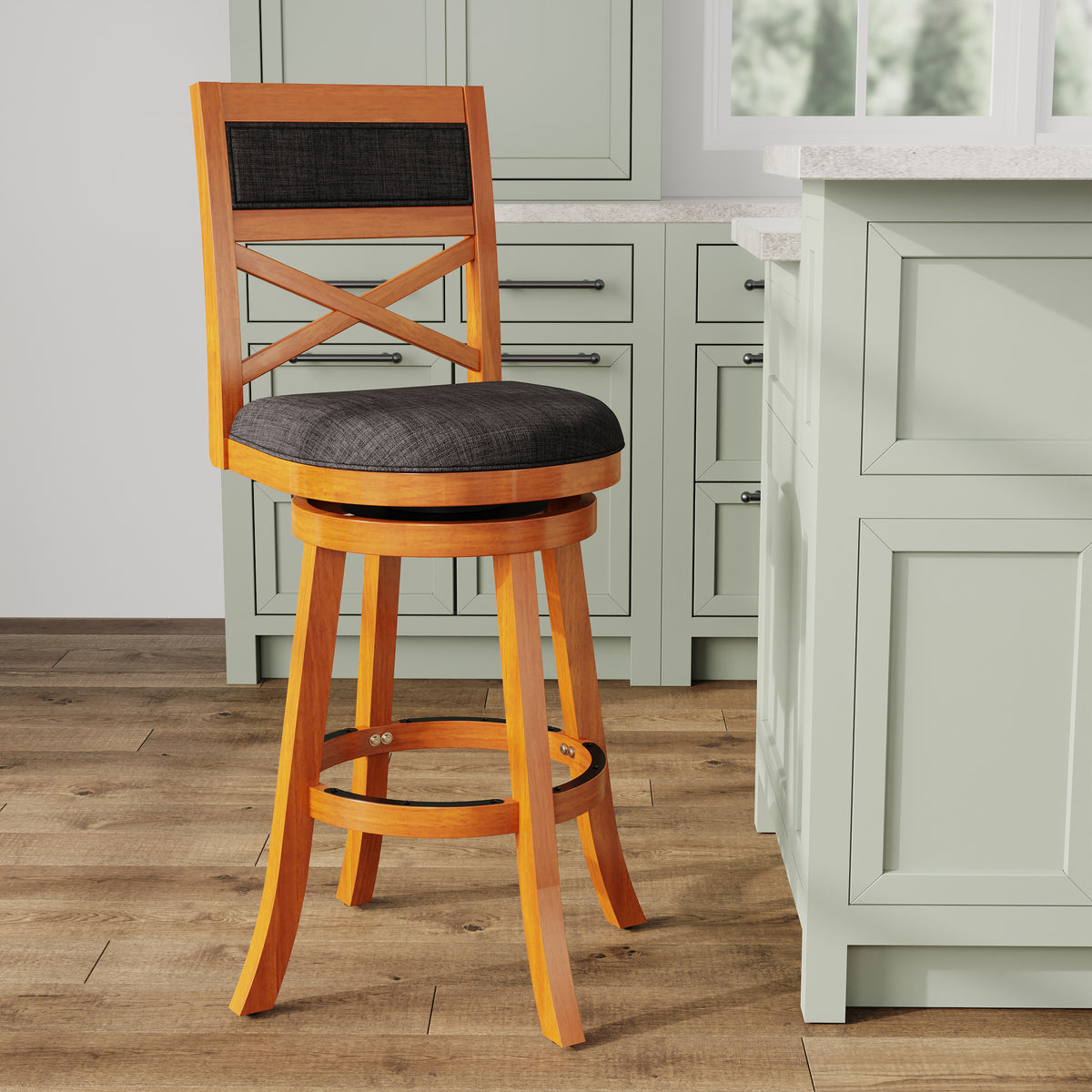 30" Bar Height X Back Swivel Stool, Natural Finish, Charcoal Fabric Seat Natural Fabric