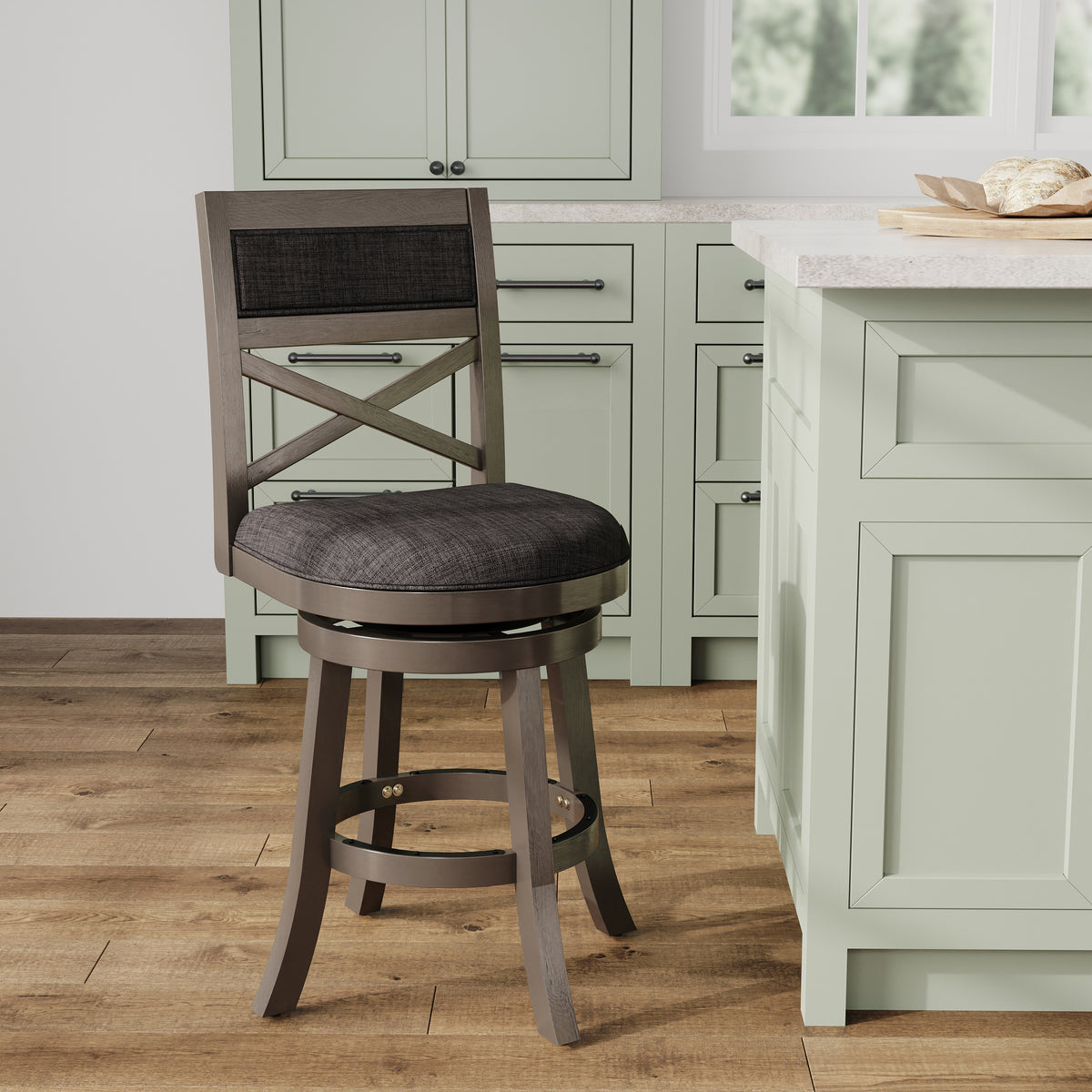 24" Counter Height X Back Swivel Stool, Weathered Gray Finish, Charcoal Fabric Seat Gray Fabric