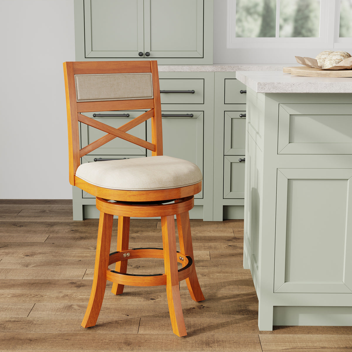 24" Counter Height X Back Swivel Stool, Natural Finish, Beige Fabric Seat Natural Fabric