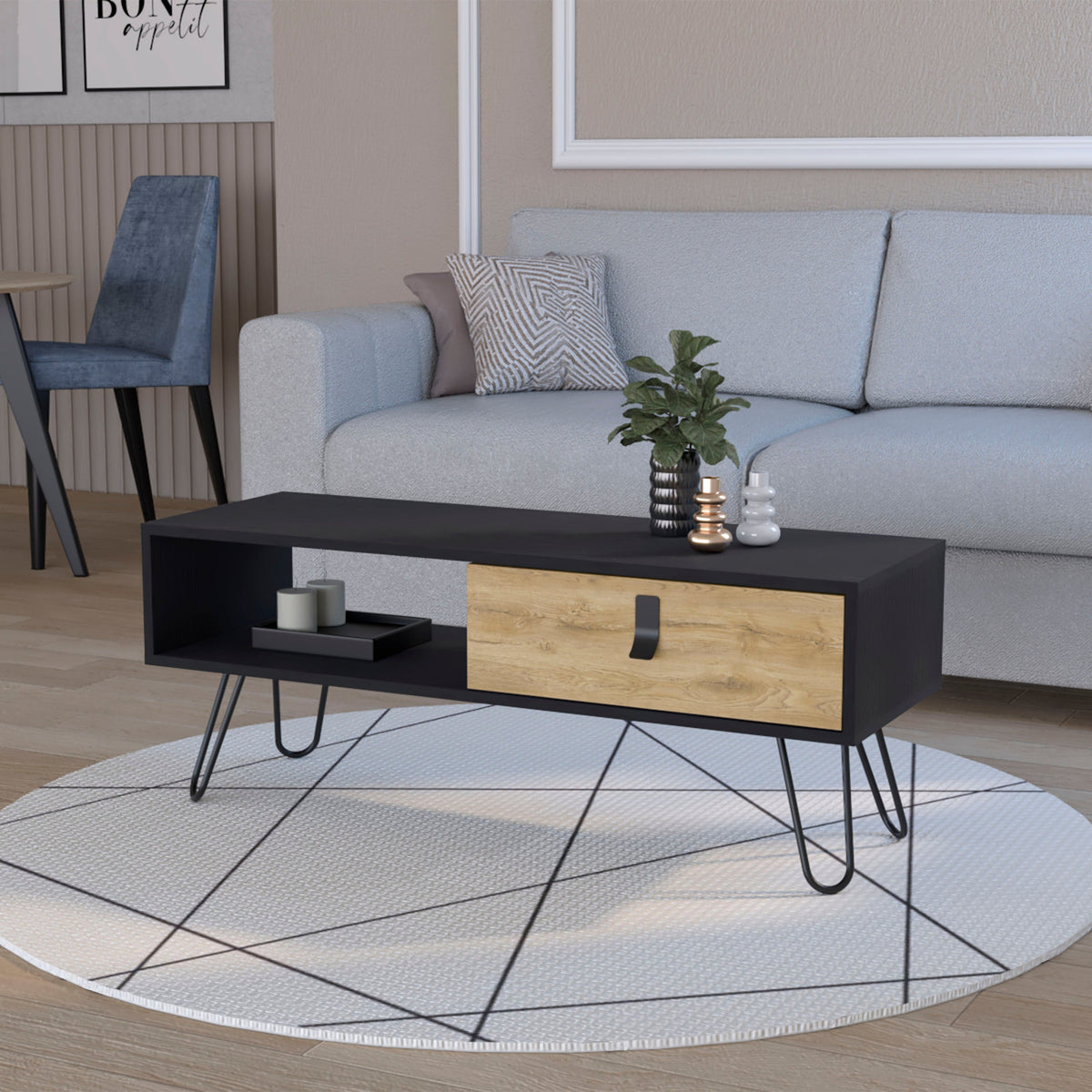 Black And Macadamia Hairpin Legs Coffee Table Black Natural Primary Living Space Rectangular Open Storage Coffee & End Tables Rectangular Wood Hairpin