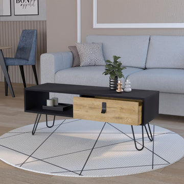 Black And Macadamia Hairpin Legs Coffee Table Black Natural Primary Living Space Rectangular Open Storage Coffee & End Tables Rectangular Wood Hairpin