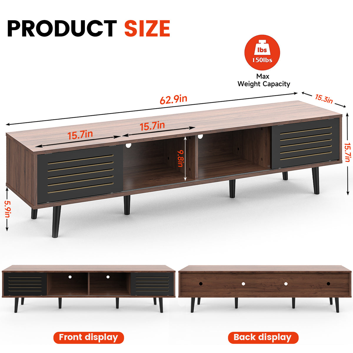 Mid Century Modern Tv Stand For Tvs Up To 70", Entertainment Center With Sliding Doors, Tv Console Table Media Cabinet For Living Room, Bedroom And Office, Walnut Walnut Black Mdf