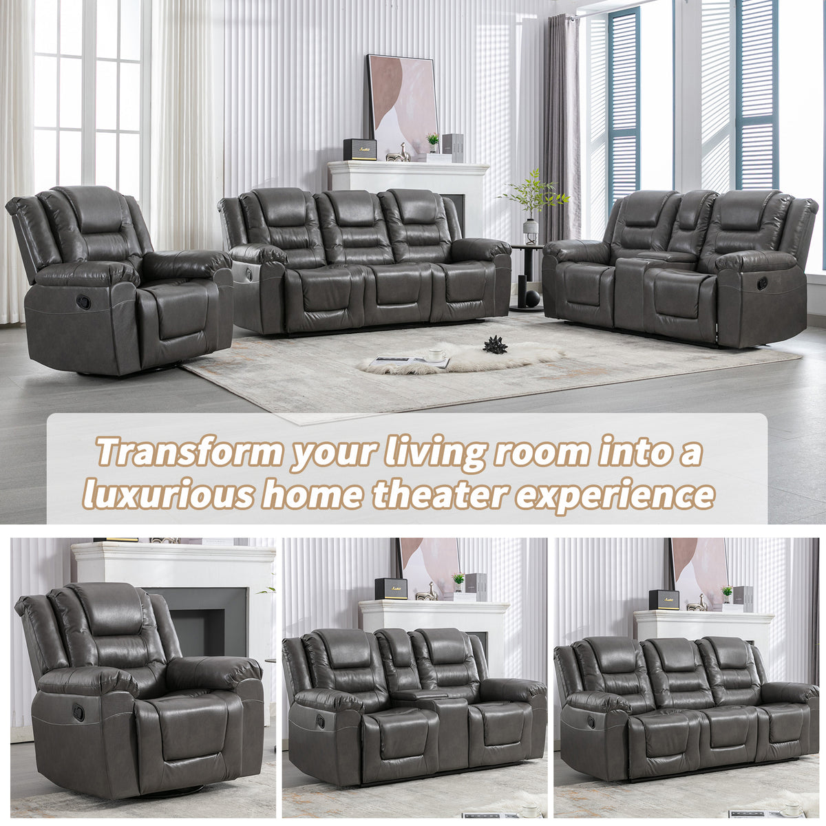 360 Swivel And Rocking Home Theater Recliner Manual Recliner Chair With Wide Armrest For Living Room,Bedroom, Grey Grey Foam Pu