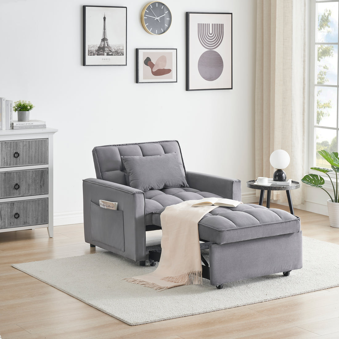 Sofa Bed Chair 3 In 1 Convertible, Recliner, Single Recliner, Suitable For Small Spaces With Adjustable Back Black Dark Grey Dark Grey Light Brown Velvet Wood Primary Living Space Loose Back
