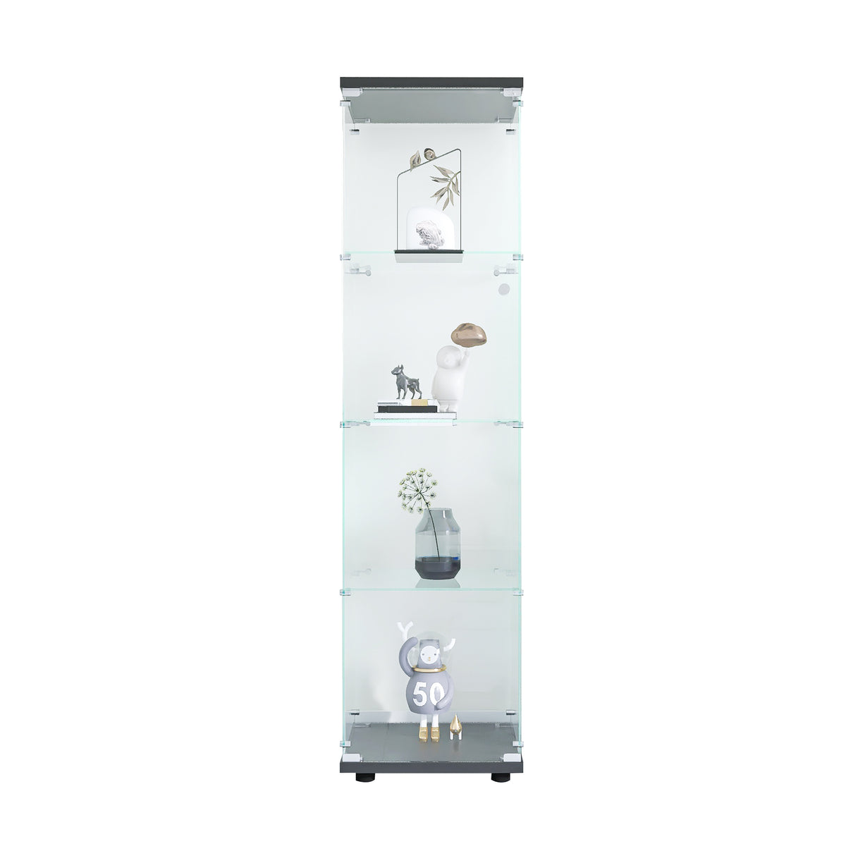 Glass Display Cabinet 4 Shelves With Door, Floor Standing Curio Bookshelf For Living Room Bedroom Office, 64.7"*16.7"*14.3", Black Black Glass