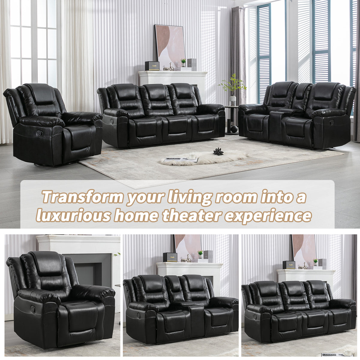 Home Theater Recliner Set Manual Recliner Chair With Wide Armrest, Two Built In Cup Holders For Living Room,Bedroom, Black Old Sku:Sg000760Aab Black Foam Pu Leather