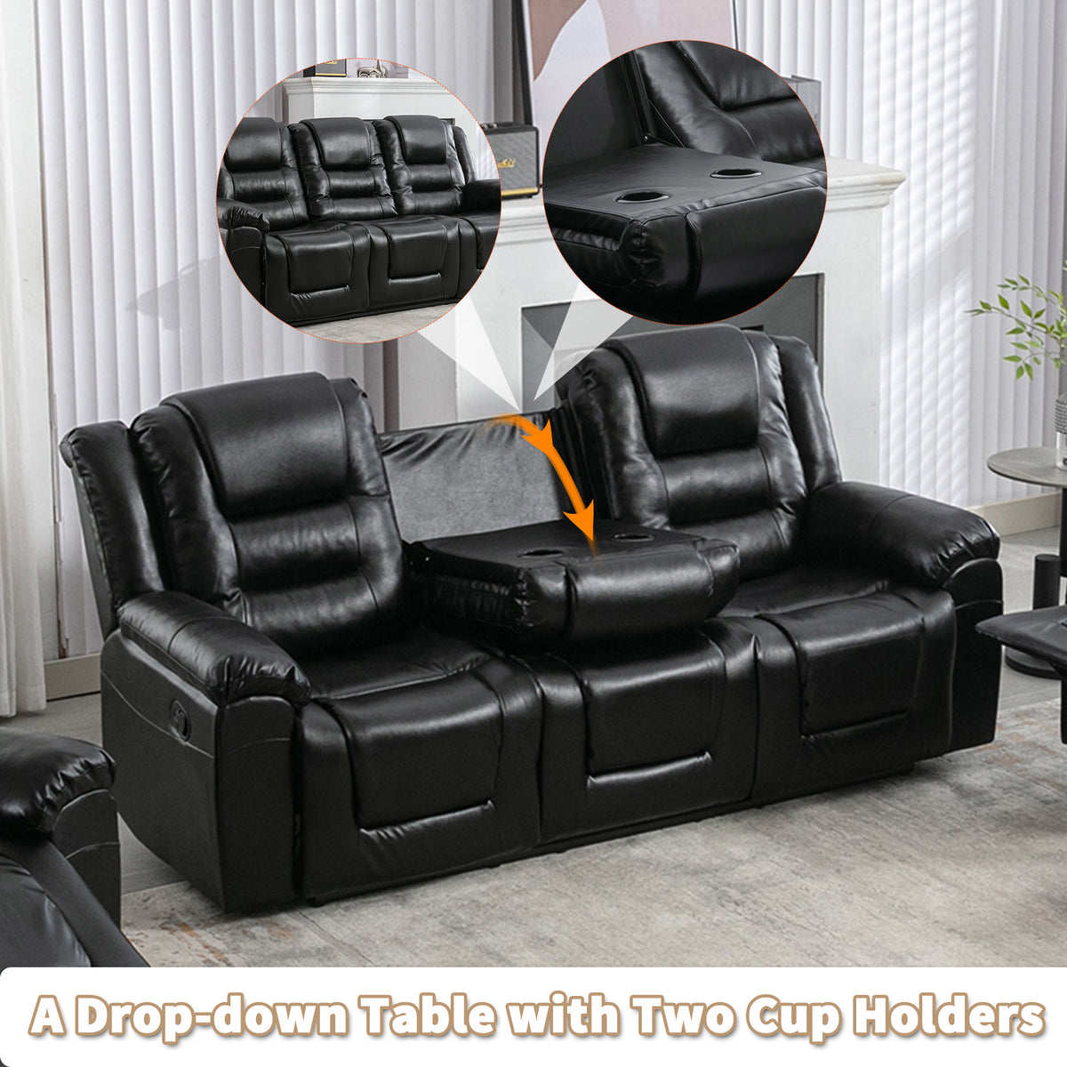 Home Theater Recliner Set Manual Recliner Chair With Wide Armrest, Two Built In Cup Holders For Living Room,Bedroom, Black Old Sku:Sg000760Aab Black Foam Pu Leather