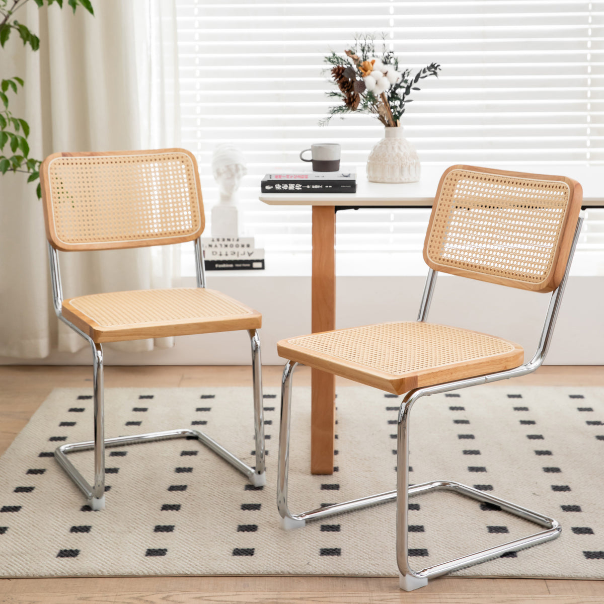 Dining Chairs Set Of 2, Velvet Rattan Side Accent Chairs With Chrome Legs, Modern Mid Century Breuer Designed Chairs, Upholstered Dining Living Room Kitchen Chairs Burly Wood Wood Stainless Steel