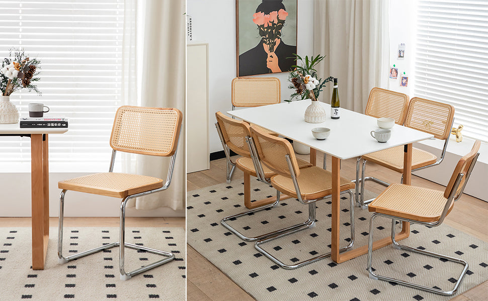 Dining Chairs Set Of 2, Velvet Rattan Side Accent Chairs With Chrome Legs, Modern Mid Century Breuer Designed Chairs, Upholstered Dining Living Room Kitchen Chairs Burly Wood Wood Stainless Steel