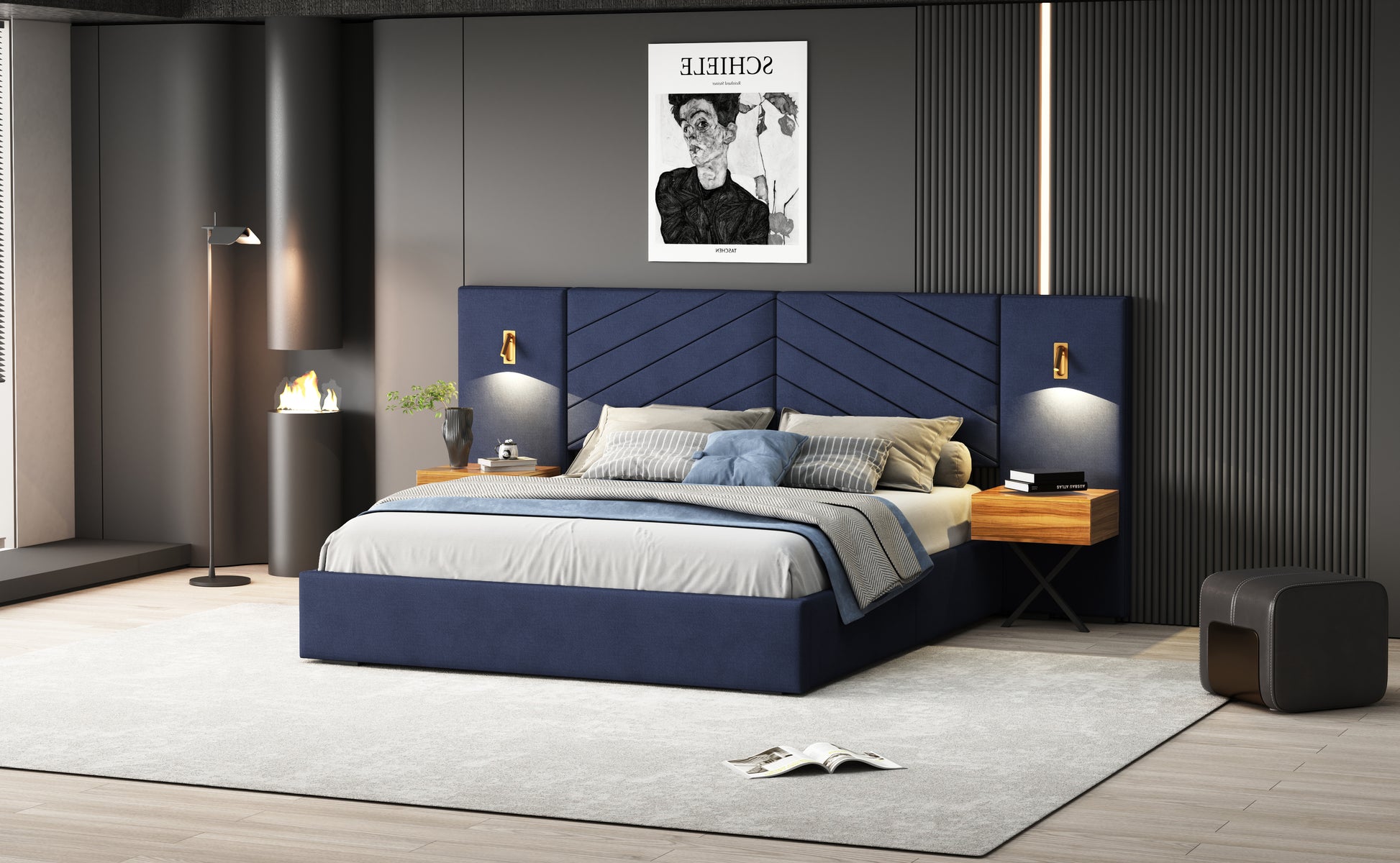 Queen Size Velvet Bed Frame Vertical Channel Tufted Wingback Headboard Upholstered Platform Bed Strong Wooden Slats No Box Spring Needed Easy Assemblyroyal Blue Queen Retro Blue Wood Light Brown Bedroom Modern Bed Frame Wood