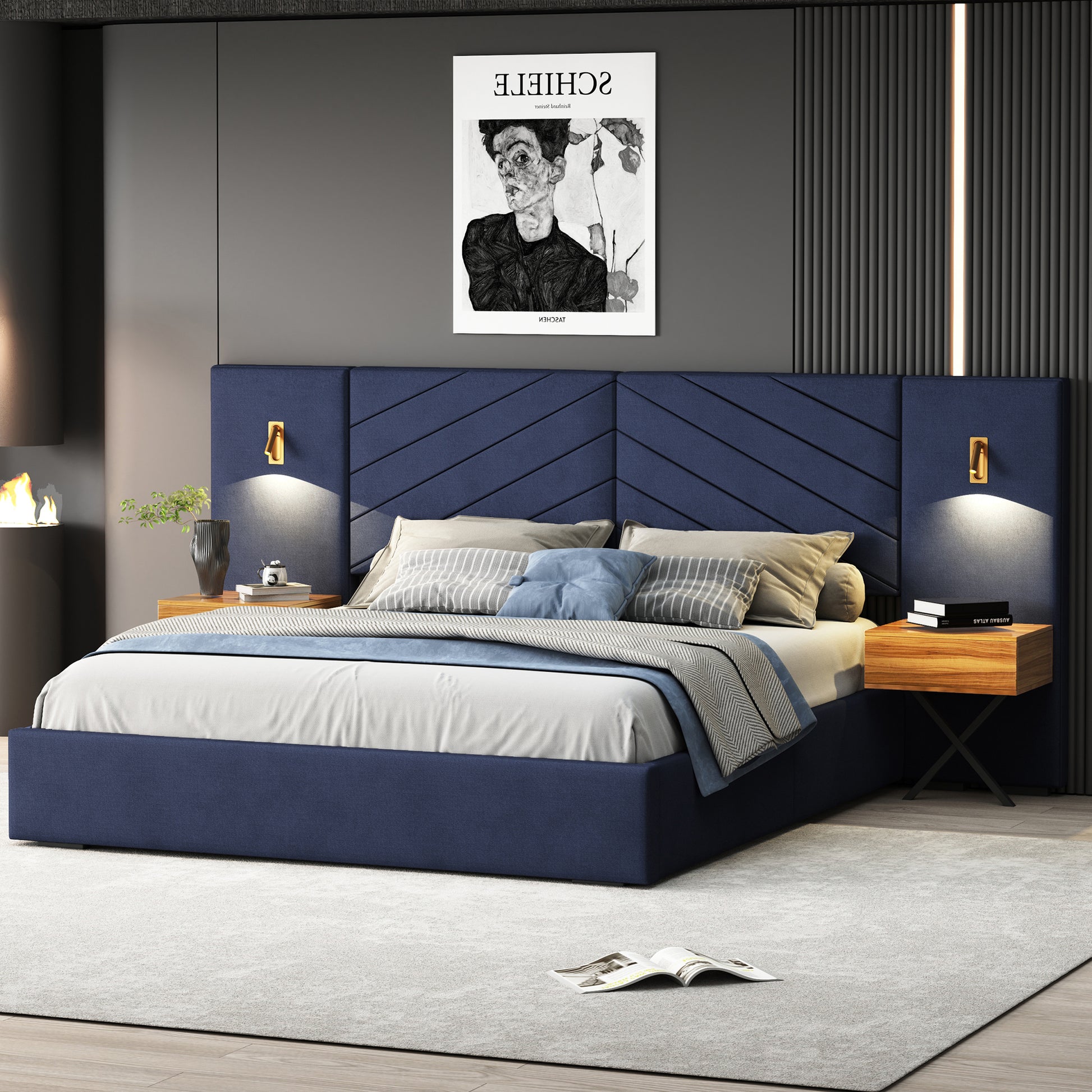 Queen Size Velvet Bed Frame Vertical Channel Tufted Wingback Headboard Upholstered Platform Bed Strong Wooden Slats No Box Spring Needed Easy Assemblyroyal Blue Queen Retro Blue Wood Light Brown Bedroom Modern Bed Frame Wood