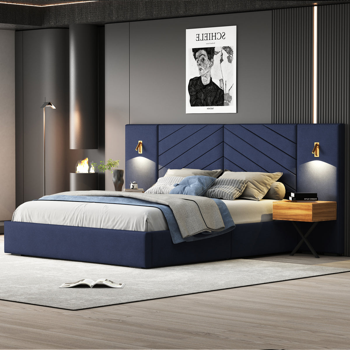 King Size Velvet Bed Frame Vertical Channel Tufted Wingback Headboard Upholstered Platform Bed Strong Wooden Slats No Box Spring Needed Easy Assemblyroyal Blue King Retro Blue Wood Light Brown Bedroom Modern Bed Frame Wood