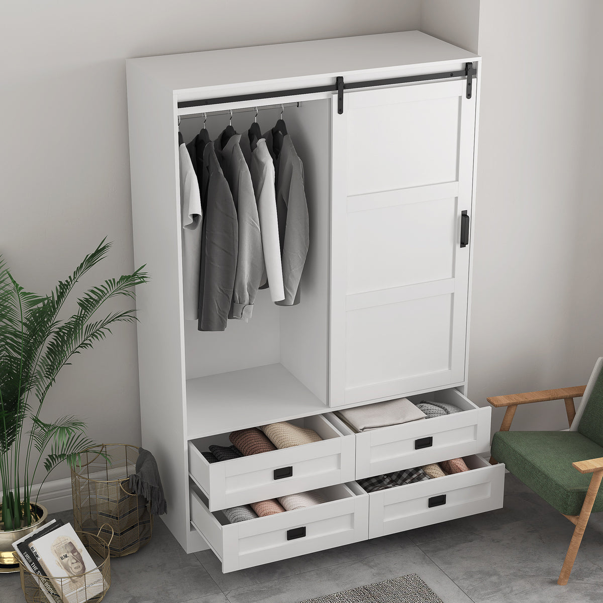 Tall Bedroom Armoire Wardrobe Closet Clothing Storage Cabinet With Hanging Rod Barn Door Drawers Open Shelves White Mdf