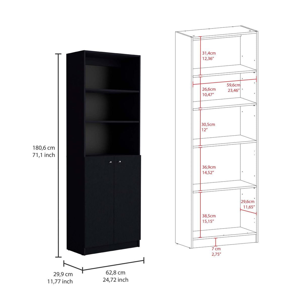 Black 3 Piece Living Room Set With 3 Bookcases 8 Or More Black Standard Horizontal Primary Living Space Closed Back Wood With Doors Wood
