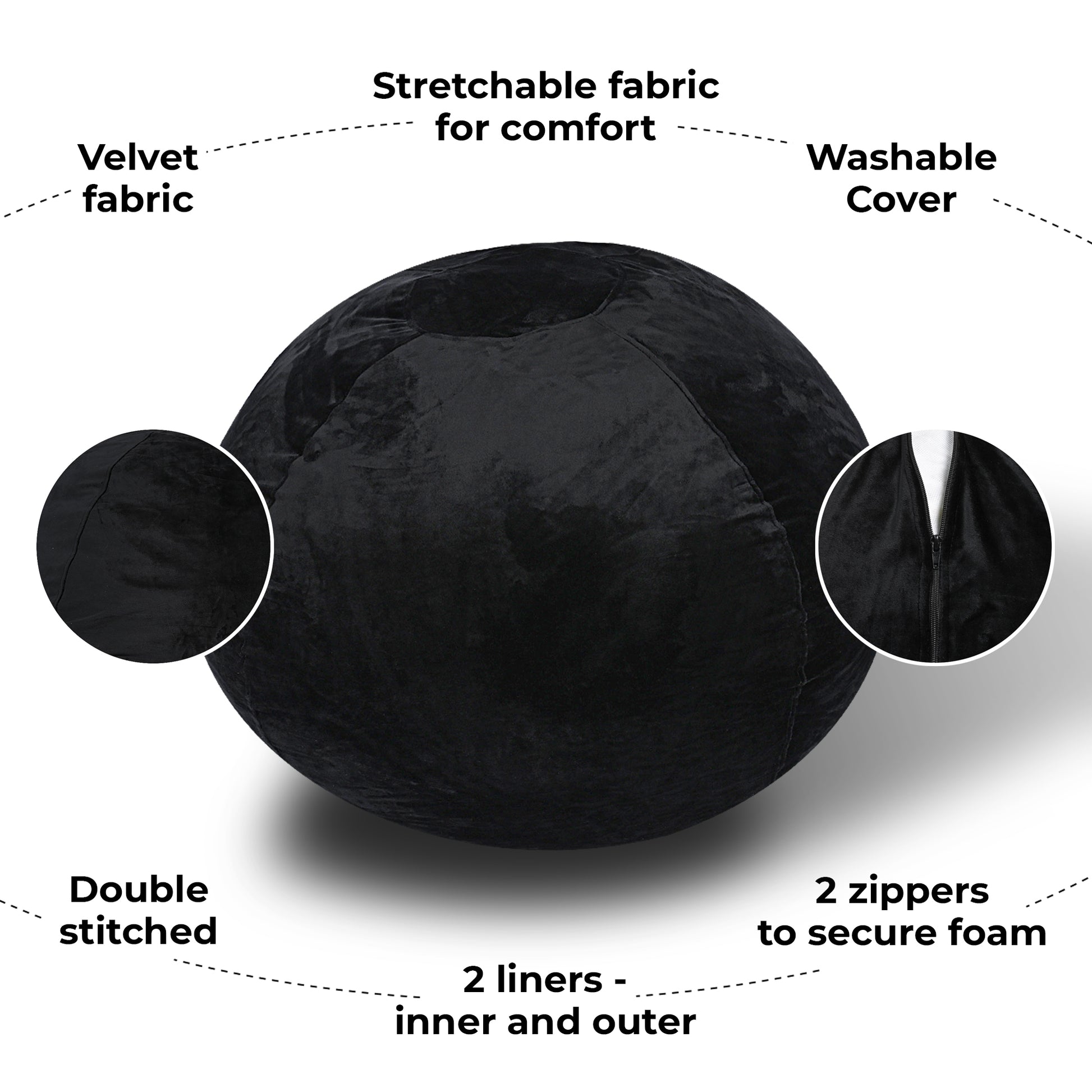 Minky Velvet Bean Bag Chair, Black 4Ft Plush Floor Chair For Kids And Adults W Washable Cover, Lounge Chair With Stretchable Fabric, Comfy Bedroom Chair, Filled With Shredded And Memory Foam. Black Velvet