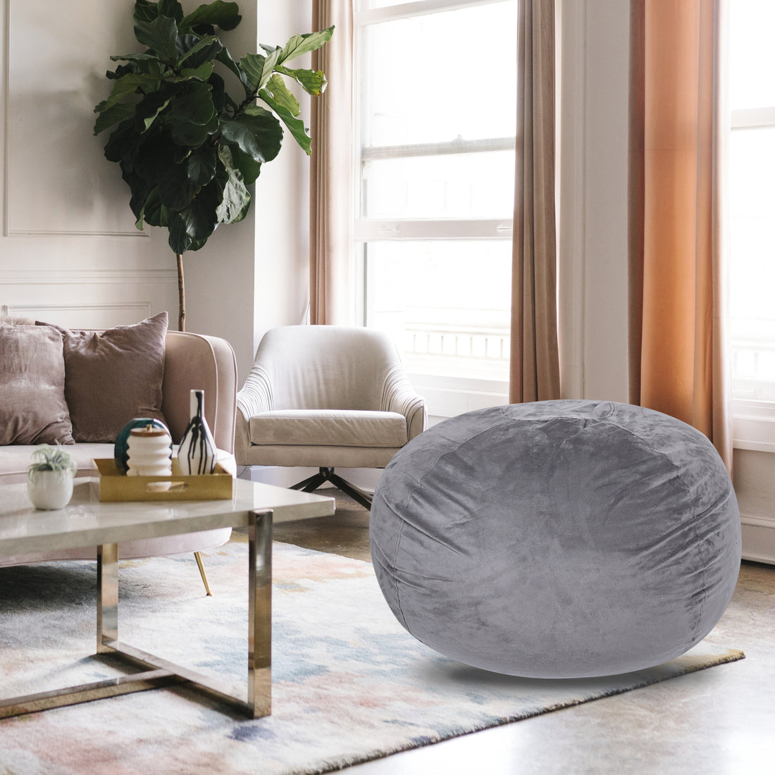 Minky Velvet Bean Bag Chair, Grey 5Ft Plush Floor Chair For Kids And Adults W Washable Cover, Lounge Chair With Stretchable Fabric, Comfy Bedroom Chair, Filled With Shredded And Memory Foam. Gray Velvet
