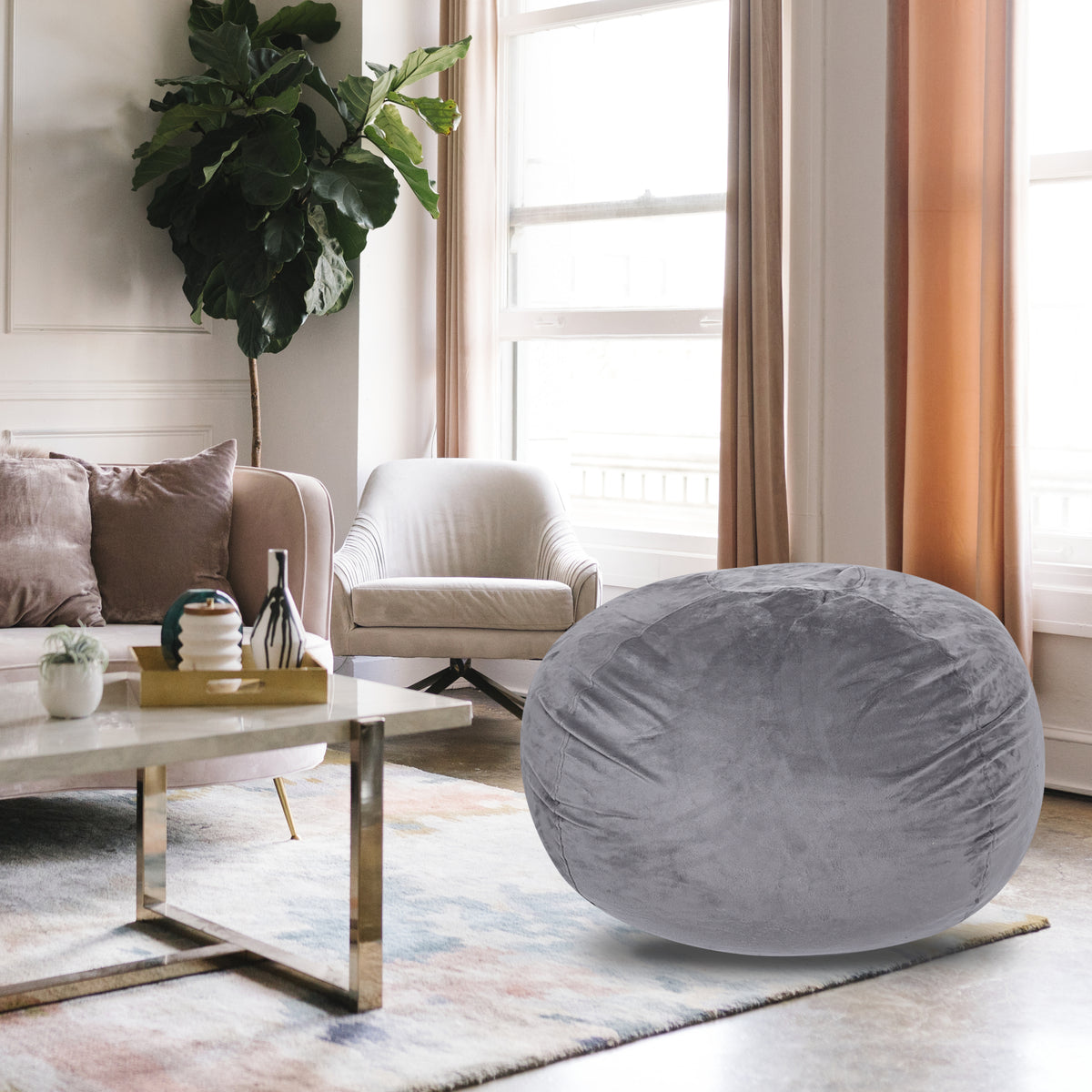 Minky Velvet Bean Bag Chair, Grey 5Ft Plush Floor Chair For Kids And Adults W Washable Cover, Lounge Chair With Stretchable Fabric, Comfy Bedroom Chair, Filled With Shredded And Memory Foam. Gray Velvet