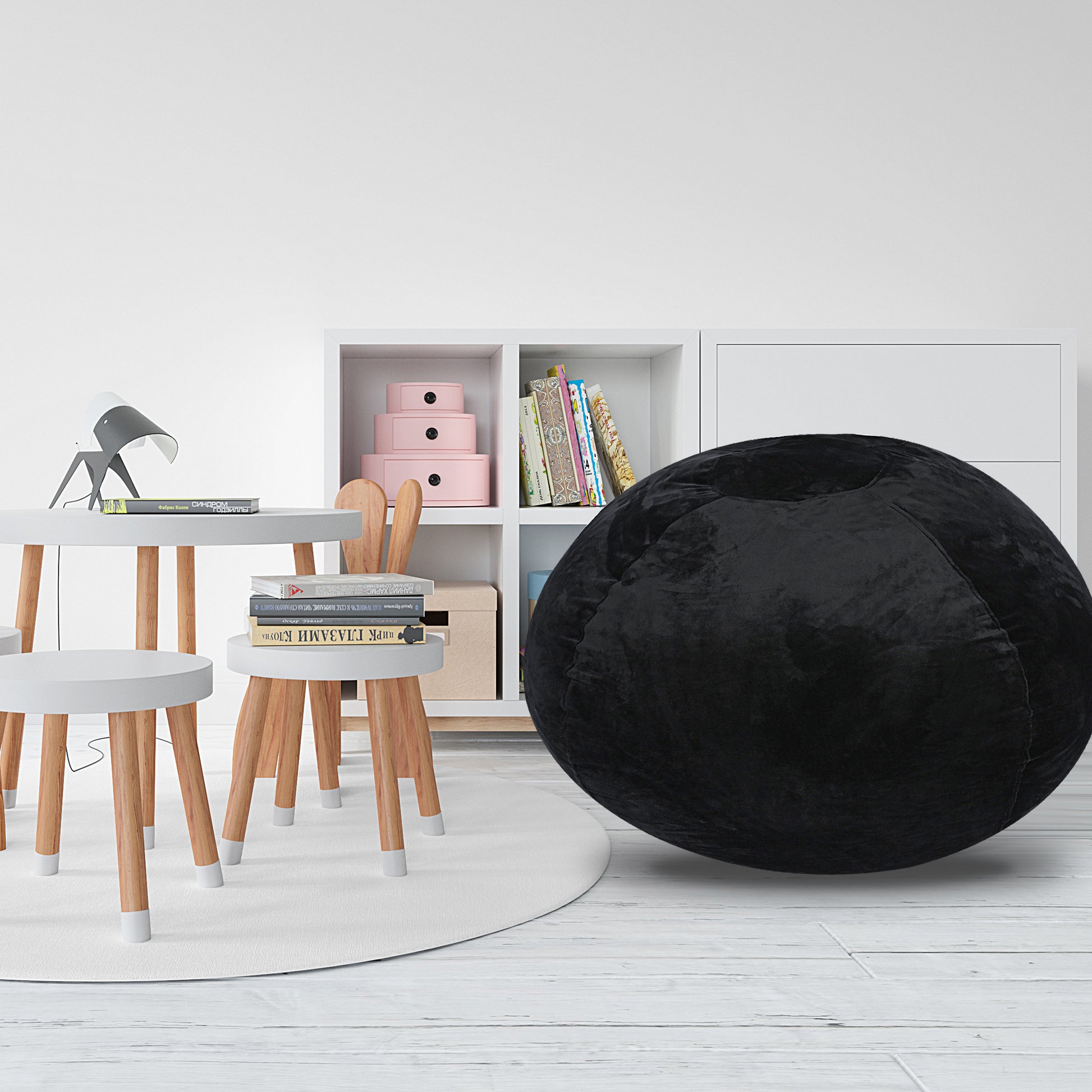 Minky Velvet Bean Bag Chair, Black 4Ft Plush Floor Chair For Kids And Adults W Washable Cover, Lounge Chair With Stretchable Fabric, Comfy Bedroom Chair, Filled With Shredded And Memory Foam. Black Velvet