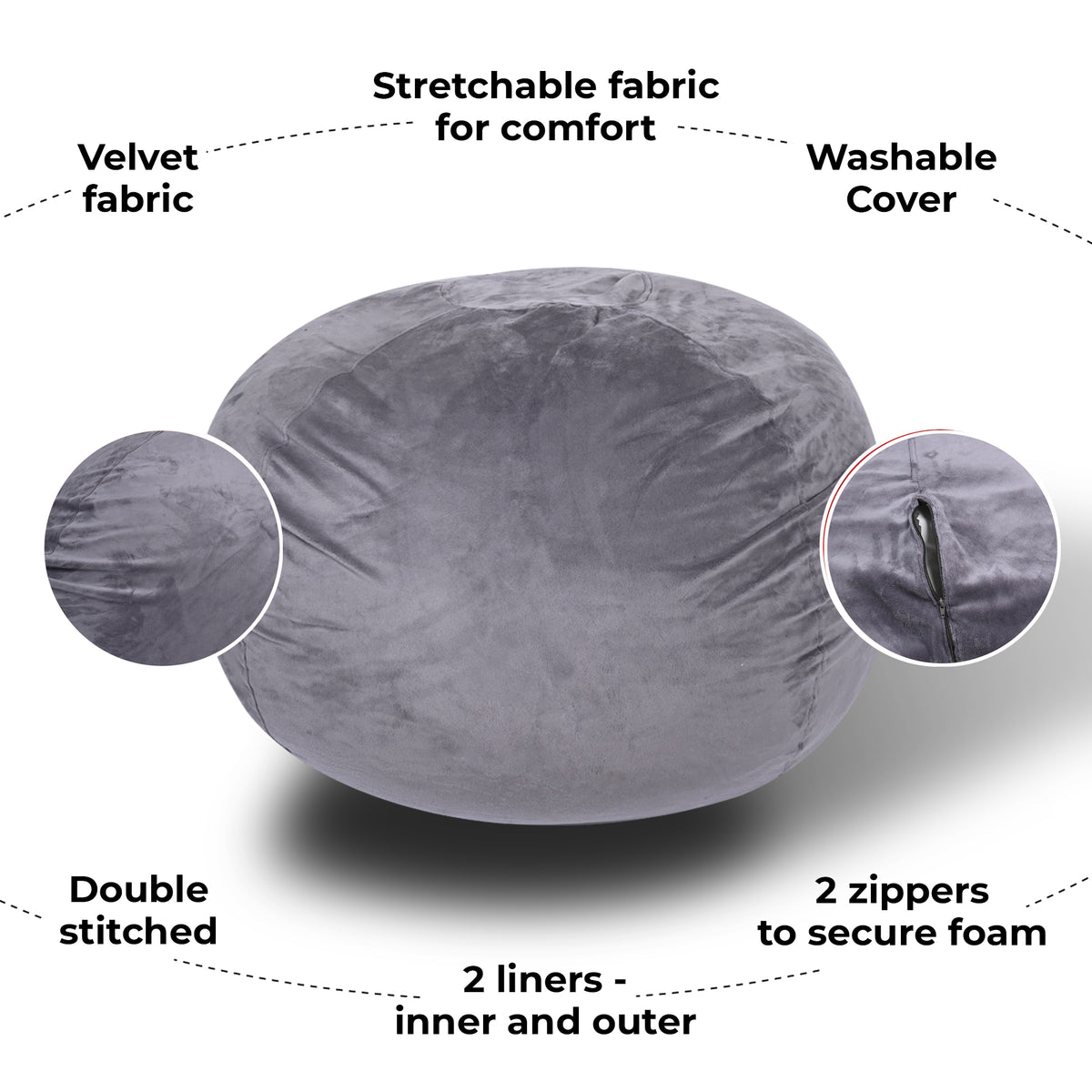 Minky Velvet Bean Bag Chair, Grey 5Ft Plush Floor Chair For Kids And Adults W Washable Cover, Lounge Chair With Stretchable Fabric, Comfy Bedroom Chair, Filled With Shredded And Memory Foam. Gray Velvet