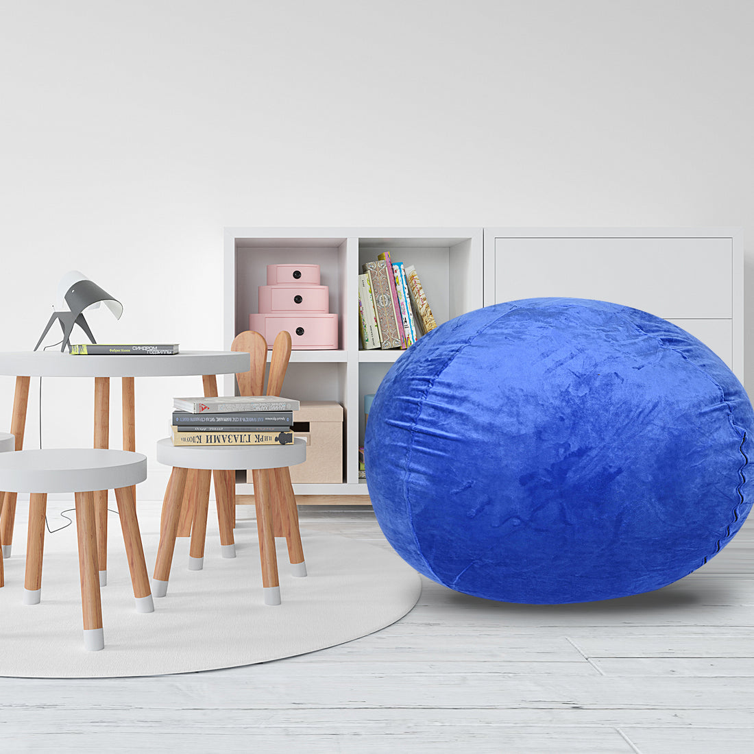 Minky Velvet Bean Bag Chair, Blue 4Ft Plush Floor Chair For Kids And Adults W Washable Cover, Lounge Chair With Stretchable Fabric, Comfy Bedroom Chair, Filled With Shredded And Memory Foam. Blue Velvet