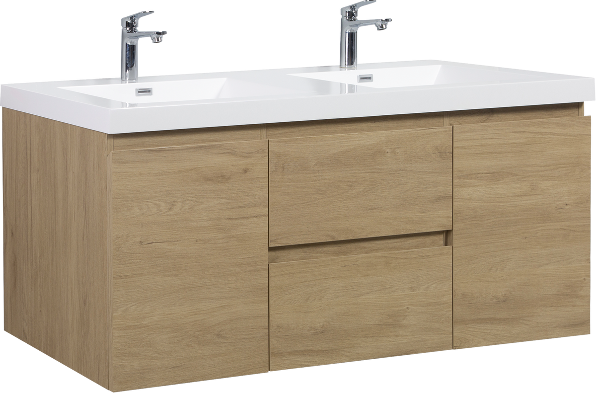 60'' Wall Hung Bathroom Vanity In Natural Oak With White Top 24Vangela 60 6066 Oak Mdf