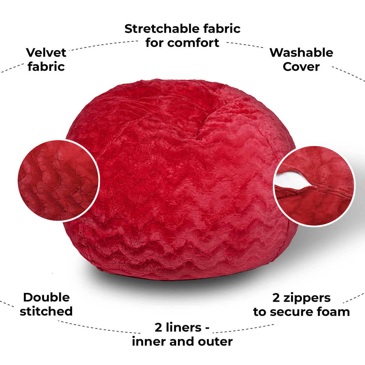 Faux Fur Bean Bag Chair, Red 4Ft Cozy And Stretchable Fabric Lounger For Children And Adults With Easy Clean Cover, Comfortable Faux Fur Seating For Bedrooms, Filled With Shredded And Memory Foam. Red Faux Fur