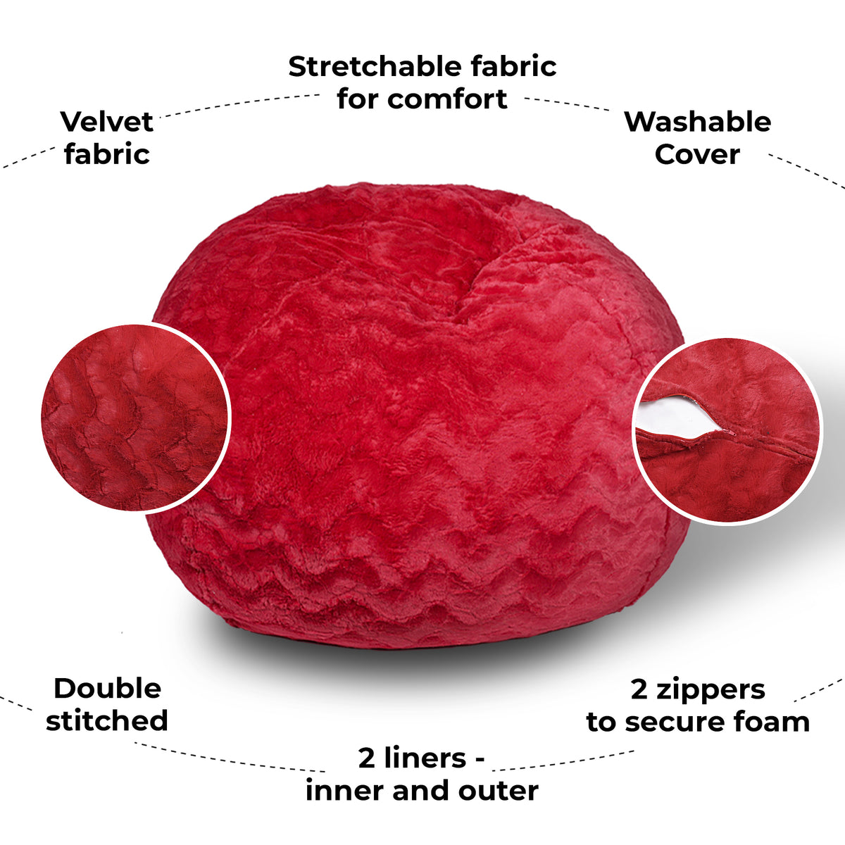 Faux Fur Bean Bag Chair, Red 5Ft Cozy And Stretchable Fabric Lounger For Children And Adults With Easy Clean Cover, Comfortable Faux Fur Seating For Bedrooms, Filled With Shredded And Memory Foam. Red Faux Fur