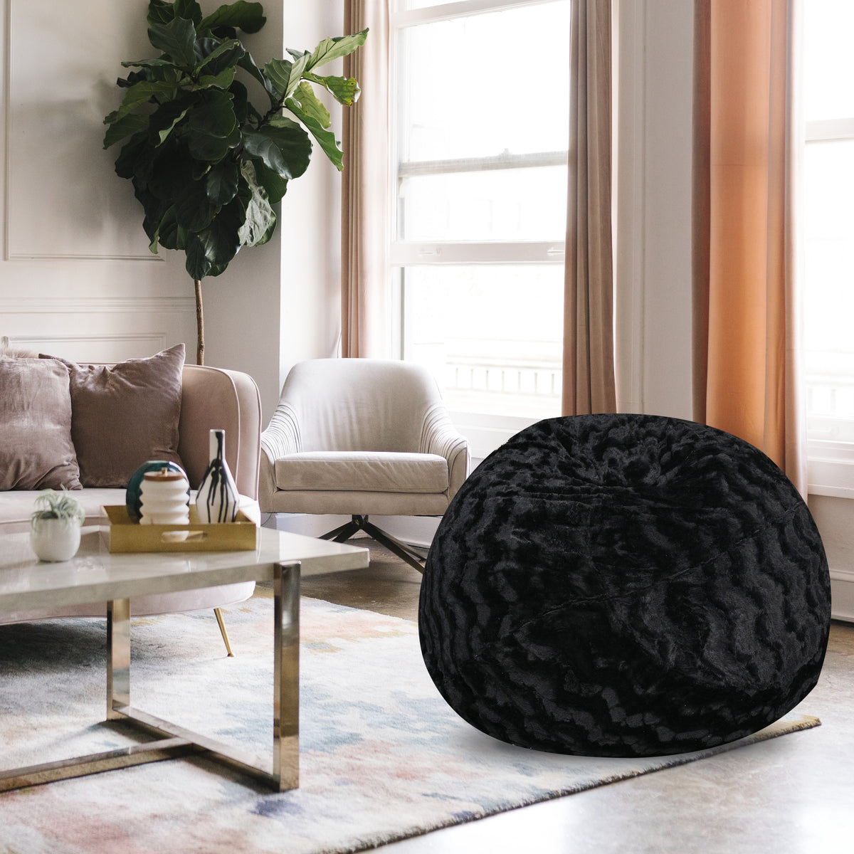 Faux Fur Bean Bag Chair, Black 5Ft Cozy And Stretchable Fabric Lounger For Children And Adults With Easy Clean Cover, Comfortable Faux Fur Seating For Bedrooms, Filled With Shredded And Memory Foam. Black Faux Fur