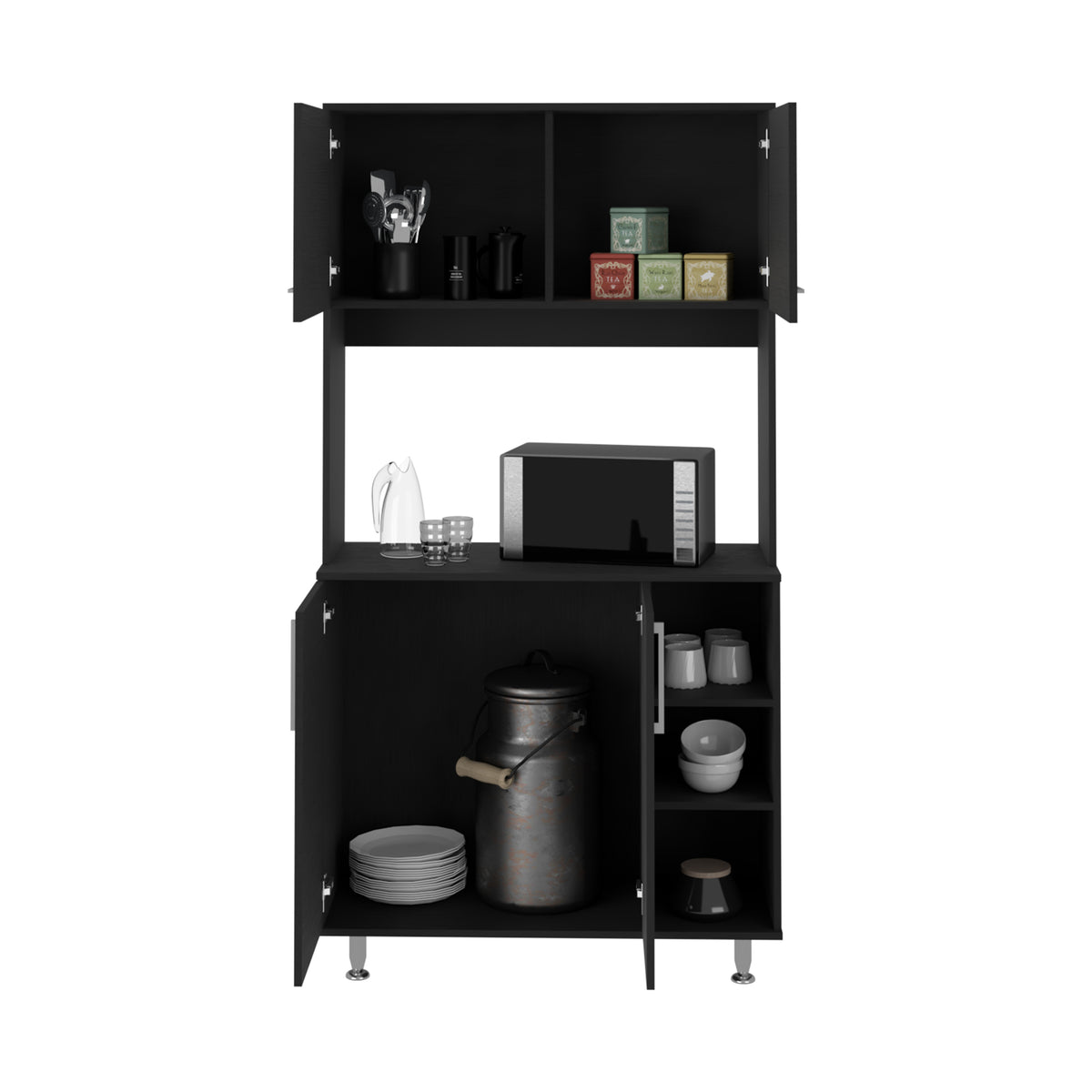 95 Pantry Kit, Four Legs, Double Door Cabinet, Three Shelves Black Freestanding Black Kitchen Shelves Included Modern Particle Board Particle Board