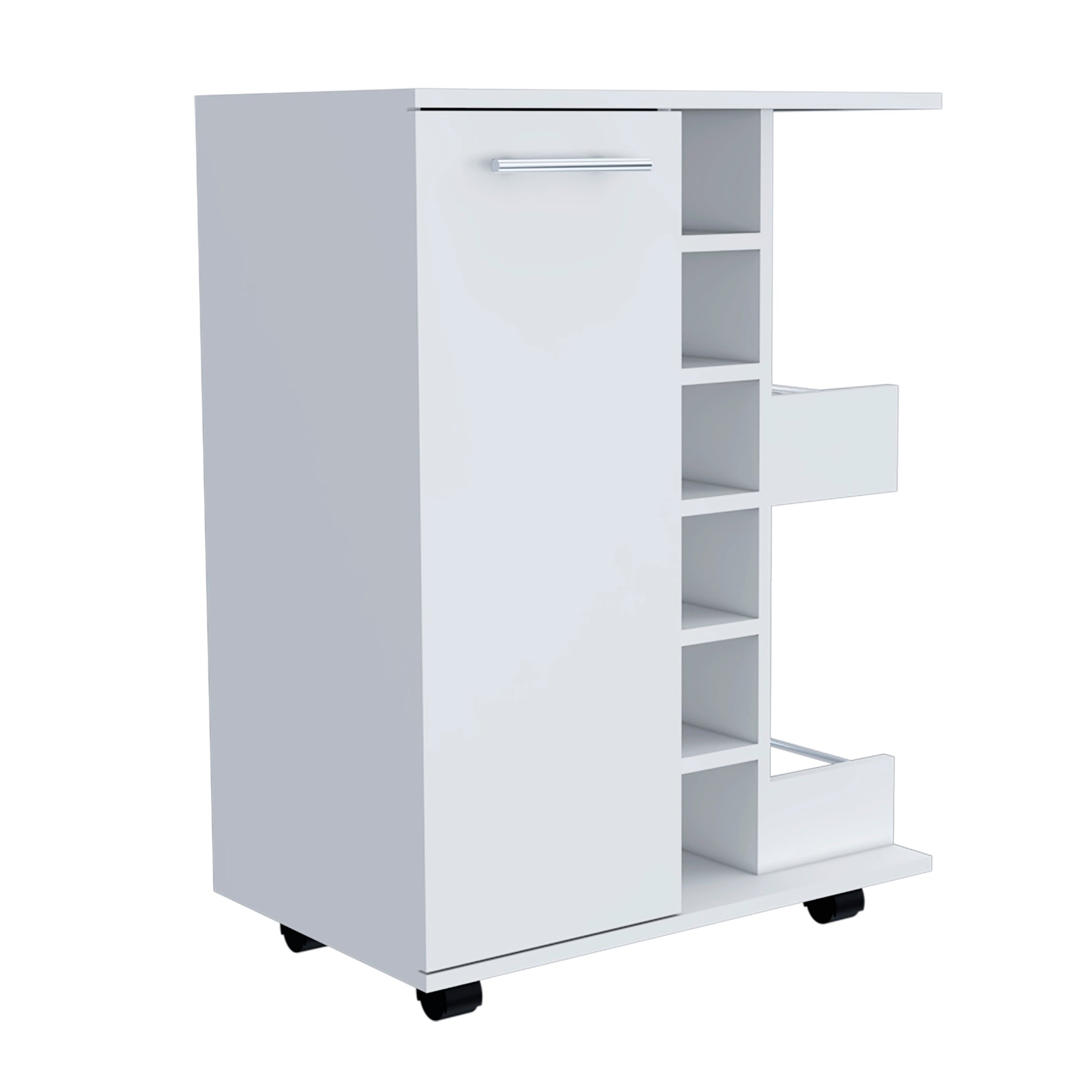 Tennessee Bar Cart, One Cabinet With Division, Six Cubbies For Liquor, Two Shelves Mobile Carts 5 Or More Spaces White White Primary Living Space Open Storage Space Modern Pine Particle Board Engineered Wood